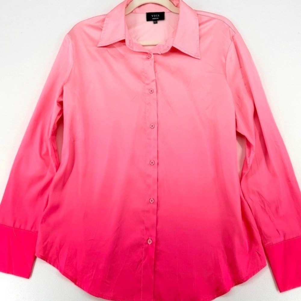 VICI Satin Feel Ombre Button Down Blouse Pink Long Sleeve Top M
